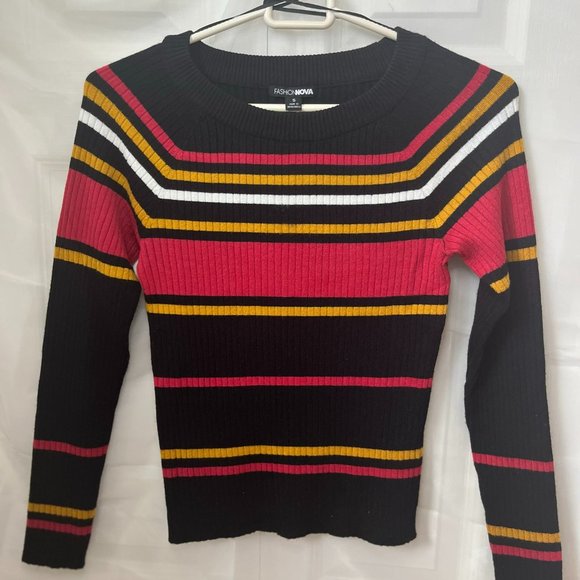 Long Sleeve Women's Sweater - Fashion Nova Sweater - Black Stripes Sweater - Picture 2 of 7